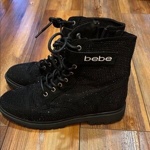 BEBE Black Lace Up Rhinestone Boots